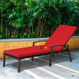 Costway Patio Rattan Lounge Chair Chaise Recliner Back Adjustable Cushioned Outdoor Red