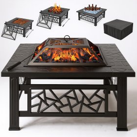 UHOMEPRO Fire Pit for Outside, 32" Square Fire Pit Table with BBQ Net, Mesh Lid, Poker and Cover, Wood Burning Outdoor Heating Fire Pit Stove for Patio, Backyard, Camping, Black