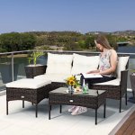 Costway 3PCS Patio Rattan Furniture Set 3-Seat Sofa Cushioned Table Garden