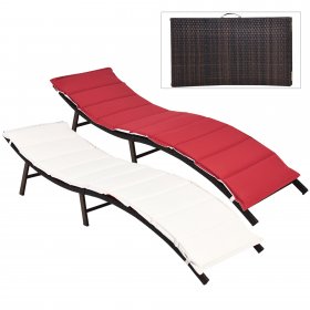Costway 2PCS Patio Rattan Folding Lounge Chair Stackable Double Sided Cushion Outdoor Red