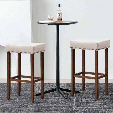 Costway Set of 2 Nailhead Saddle Bar linen Stools 29.5 Height W/ Fabric Seat & Wood Legs Gray Beige