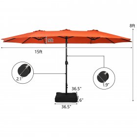 Costway 15FT Double-Sided Twin Patio Umbrella Outdoor Market W/ Crank & Base Orange