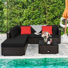 Costway 6PCS Outdoor Patio Rattan Furniture Set Cushioned Sectional Sofa Black