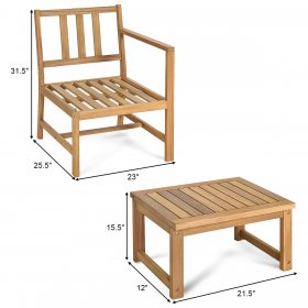 Costway 3 in 1 Patio Table Chairs Set Solid Wood Garden Furniture