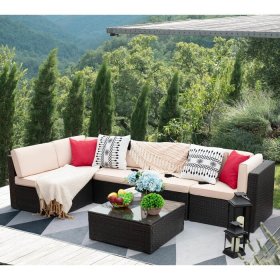 Lacoo 6 Pieces Outdoor Sectional Sofa Set PE Wicker Rattan Sectional Seating Group with Cushions and Table, Beige