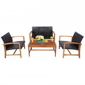 Costway 4PCS Outdoor Patio Rattan Furniture Set Acacia Wood Frame Sofa Loveseat Garden