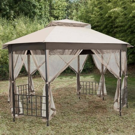 Costway 10'x12' Patio Gazebo Canopy Shelter Double Top Netting Sidewalls Beige