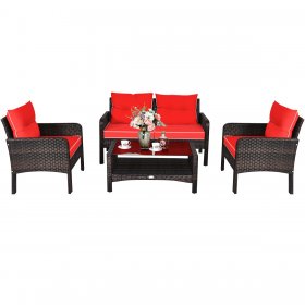 Costway 4PCS Patio Rattan Furniture Set Loveseat Sofa Coffee Table Garden W/Red Cushion