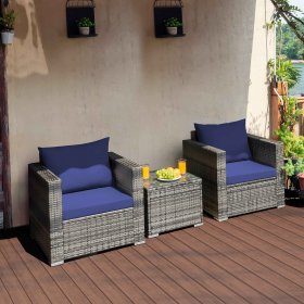 Costway 3 PC Patio Rattan Furniture Bistro Set Cushioned Sofa Chair Table Navy
