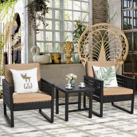 Costway 3PCS Patio Rattan Bistro Furniture Set Cushioned Sofa Chair Coffee Table Garden