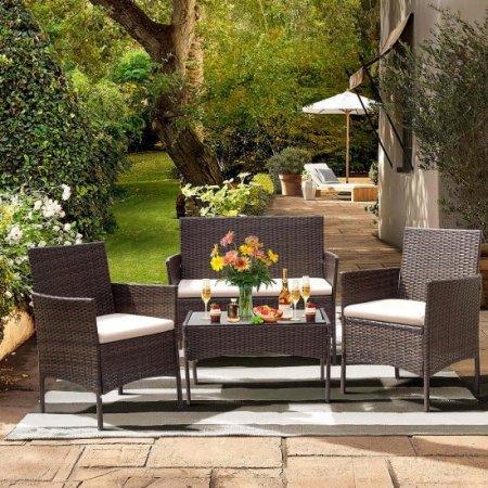 Lacoo 4 Pieces Patio Conversation Set Outdoor Furniture PE Rattan Wicker Chairs Set and Table, Brown