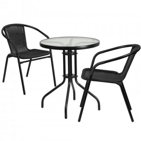 Flash Furniture 23.75 Round Glass Metal Table with 2 Black Rattan Stack Chairs