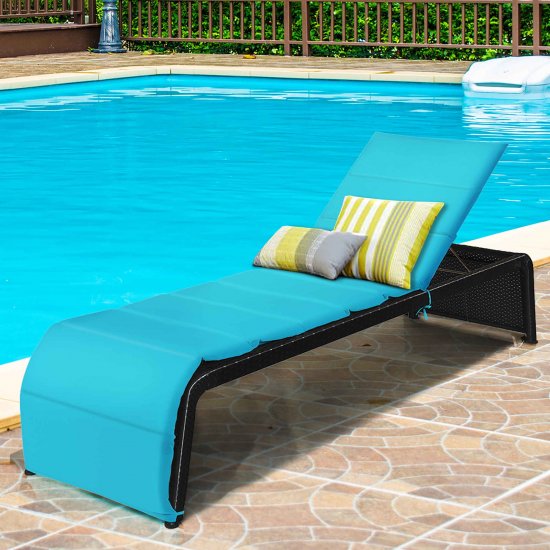 Costway Patio Rattan Lounge Chair Chaise Recliner Back Adjustable Cushioned Turquoise