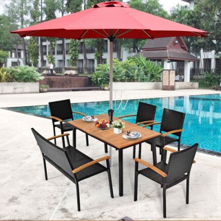 Costway 55 Patio Rattan Dining Table Acacia Wood Table Top Umbrella Hole