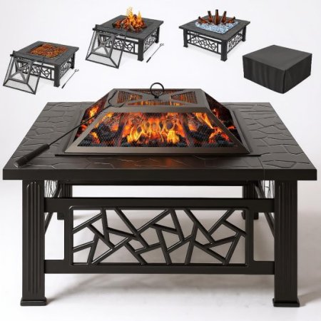 UHOMEPRO Fire Pit for Outside, 32" Square Fire Pit Table with BBQ Net, Mesh Lid, Poker and Cover, Wood Burning Outdoor Heating Fire Pit Stove for Patio, Backyard, Camping, Black