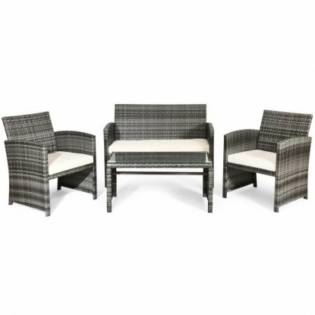 Costway 4PCS Rattan Patio Furniture Set Garden Lawn Sofa Cushioned Seat Mix Gray Wicker