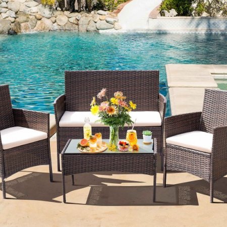 Lacoo 4 Pieces Patio Conversation Set Outdoor Furniture PE Rattan Wicker Chairs Set and Table, Brown