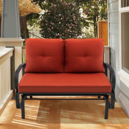 Costway Patio 2-Person Glider Bench Rocking Loveseat Cushioned Armrest Brick Red