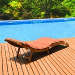 Costway Folding Wooden Outdoor Lounge Chair Chaise Red/White Cushion Pad Pool Deck