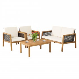 Costway 4PCS Patio Rattan Furniture Set Acacia Wood Cushioned Sofa Off White