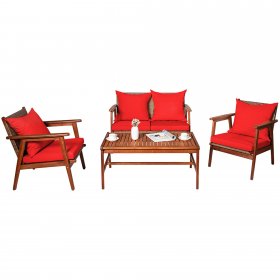 Costway 4PCS Patio Rattan 4-6 People Furniture Set Acacia Wood Frame Cushioned Sofa Chair Red 360 lbs