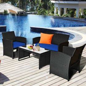 Costway 4PCS Patio Rattan Furniture Conversation Set Cushion Sofa Table Garden Navy