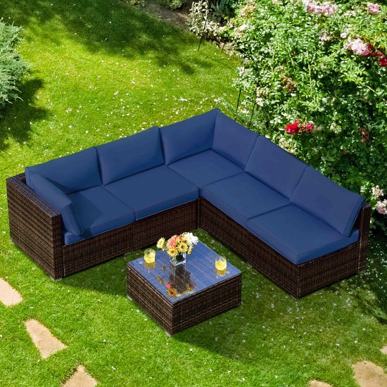 Costway 6PCS Patio Rattan Furniture Set Cushioned Sofa Coffee Table Navy