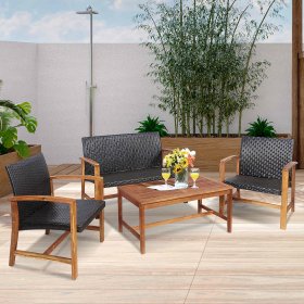 Costway 4PCS Outdoor Patio Rattan Furniture Set Acacia Wood Frame Sofa Loveseat Garden