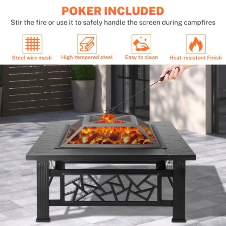 32" Fire Pits for Outside, Updated Segmart Outdoor Firepit with Fireplace Screen, Lid Square Wood Burning Fireplace Heater/Ice Pit for Camping, Outdoor Heating, Bonfire and Picnic, Black