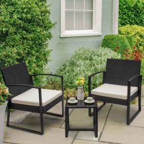 Devoko 3 Pieces Outdoor Plastic Bistro Set Patio Conversation Set with Cushion and Table, White
