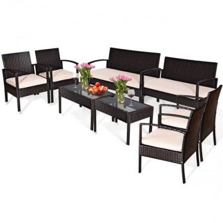 Costway 8PCS Patio Rattan Conversation Furniture Set Cushioned Seat Glass Table