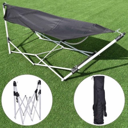 Costway Black Portable Folding Hammock Lounge Camping Bed Steel Frame Stand W/Carry Bag