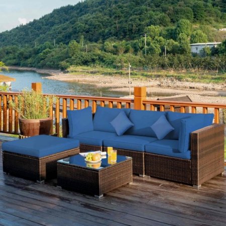 Costway 5PCS Outdoor Patio Rattan Furniture Set Sectional Conversation W/Navy Cushions