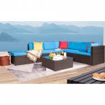 Lacoo 7 Pieces Outdoor Conversation Set All Weather PE Rattan Sectional Sofa Sets with Soft Cushions, Ottoman and Coffee Table, Blue