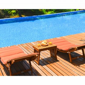 Costway 3PCS Wooden Folding Lounge Chair Set Cushion Pad Pool Deck , Red, White, Eucalyptus Wood+Polyester Fabric And Sponge Padded