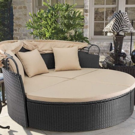 Lacoo Outdoor Patio Round Daybed with Retractable Canopy Wicker Furniture Sectional Seating with Washable Cushions for Patio Backyard Porch Pool Daybed Separated Seating (Beige)