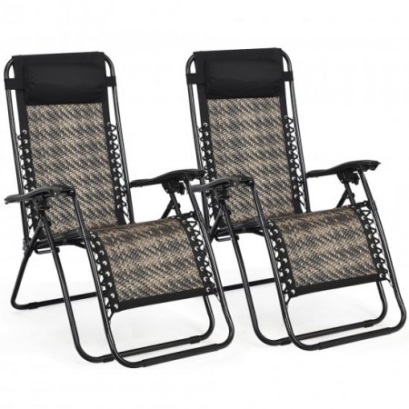 Costway 2PCS Patio Rattan Zero Gravity Lounge Chair Folding Recliner Headrest Mix Grey