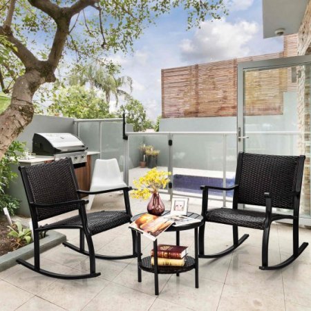 Costway 3PCS Patio Rattan Rocking Chair Bistro Set Coffee Table Storage Shelf