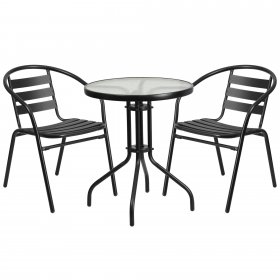 Flash Furniture 23.75" Round Glass Metal Table with 2 Black Metal Aluminum Slat Stack Chairs