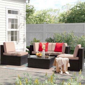 Devoko 5 Pieces Patio Furniture Sectional Set Outdoor Wicker Rattan Sofa Set Backyard Couch Conversation Sets with Pillow Cushions and Glass Table, Beige