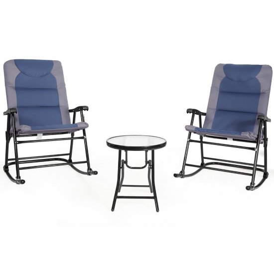 Costway 3PCS Folding Bistro Set Rocking Chair Cushioned Table Garden Blue