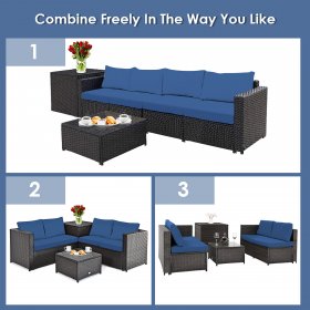Costway 4PCS Outdoor Patio Rattan Furniture Set Cushioned Loveseat Storage Table Navy