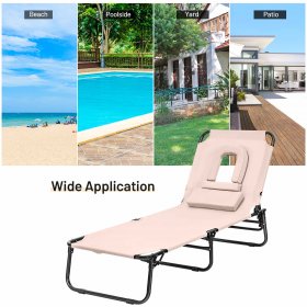 Costway Folding Chaise Lounge Chair Adjustable Outdoor Patio Beach Camping Recliner Beige