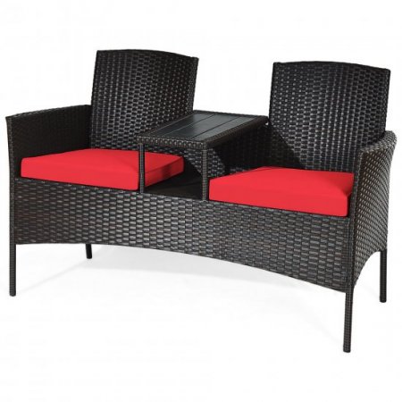 Costway Patio Rattan Loveseat Sofa Cushioned Coffee Table Red