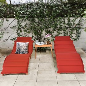 Costway 2 PCS Folding Wooden Outdoor Eucalyptus Wood Lounge Chair Chaise Red/White Cushion Pad Pool Deck