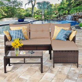 Costway 3PCS Patio Wicker Rattan Sofa Set Outdoor Sectional Conversation Set Garden Lawn Brown