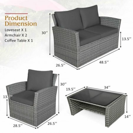 Costway 4PCS Patio Rattan Furniture Set Sofa Table W/Storage Shelf Gray Cushion