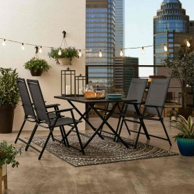 Mainstays Greyson Square Patio 5 Piece Folding Dining Set, Included 4 Chairs and 1 Table, Black