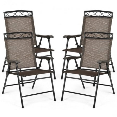 Costway Set of 4 Patio Folding Chairs Sling Portable Dining Chair Set w/ Armrest