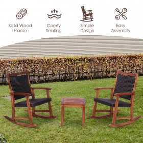 Costway 3PCS Patio Rattan Rocking Chair Bistro Set Acacia Wood Frame Armrest